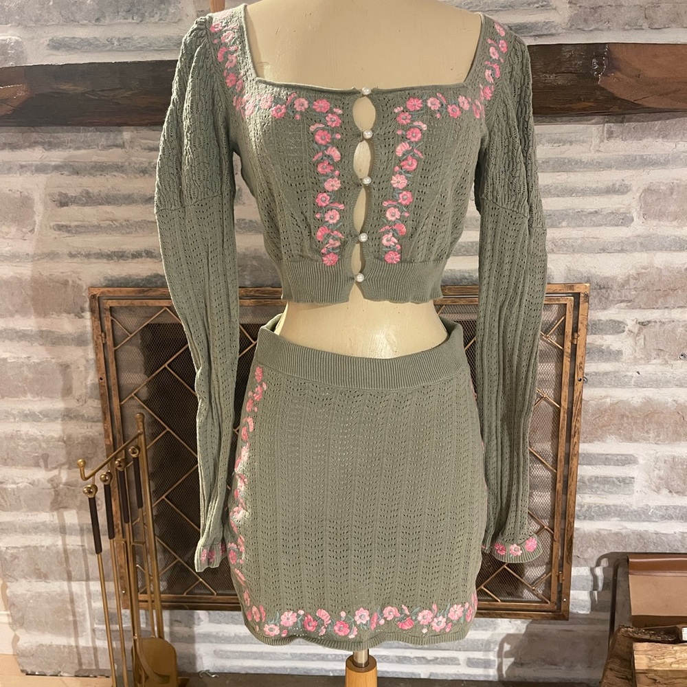 Green Knit Skirt with Pink Floral Accents